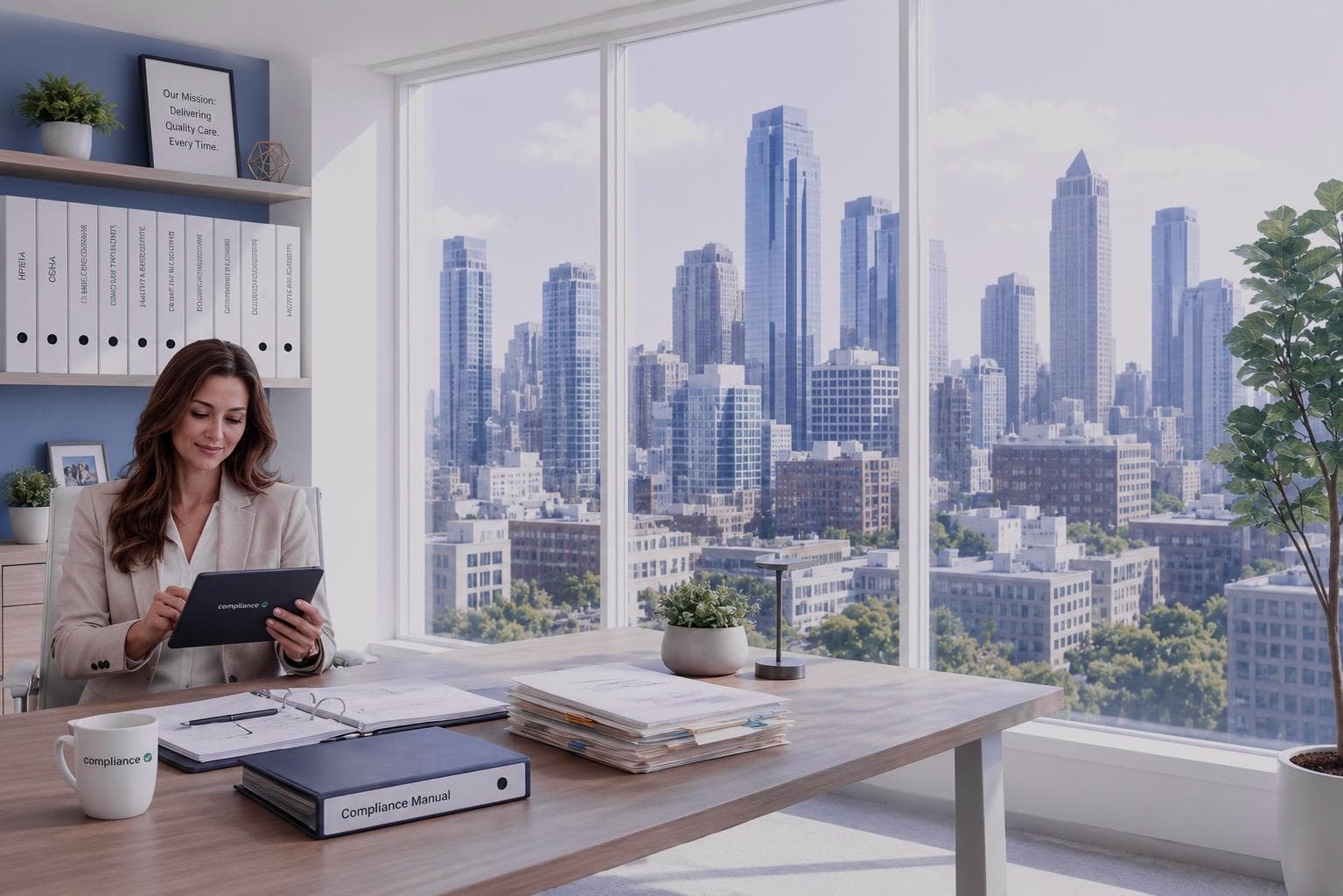 Compliance officer reviewing documents on a tablet in a modern office overlooking the city